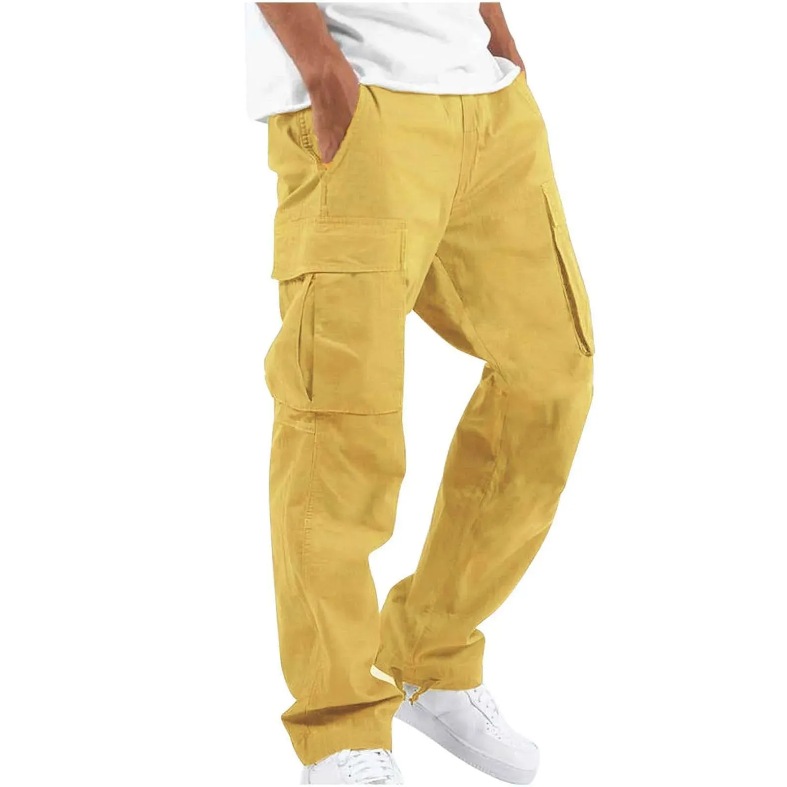 Men's Multi-pocket Cargo Pants – Solid Full-Length Trousers with Drawstring Pockets for Everyday Comfort