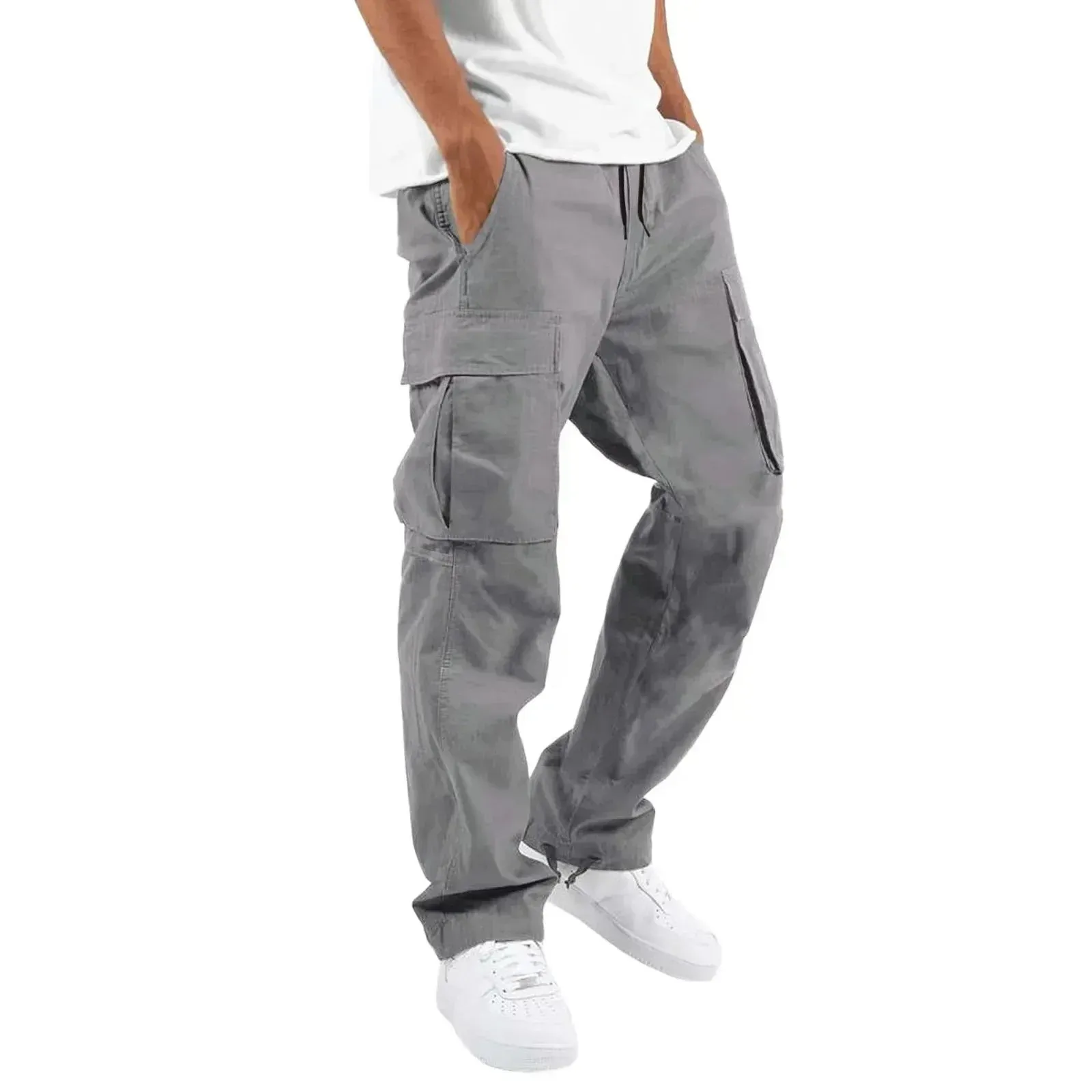Men's Multi-pocket Cargo Pants – Solid Full-Length Trousers with Drawstring Pockets for Everyday Comfort