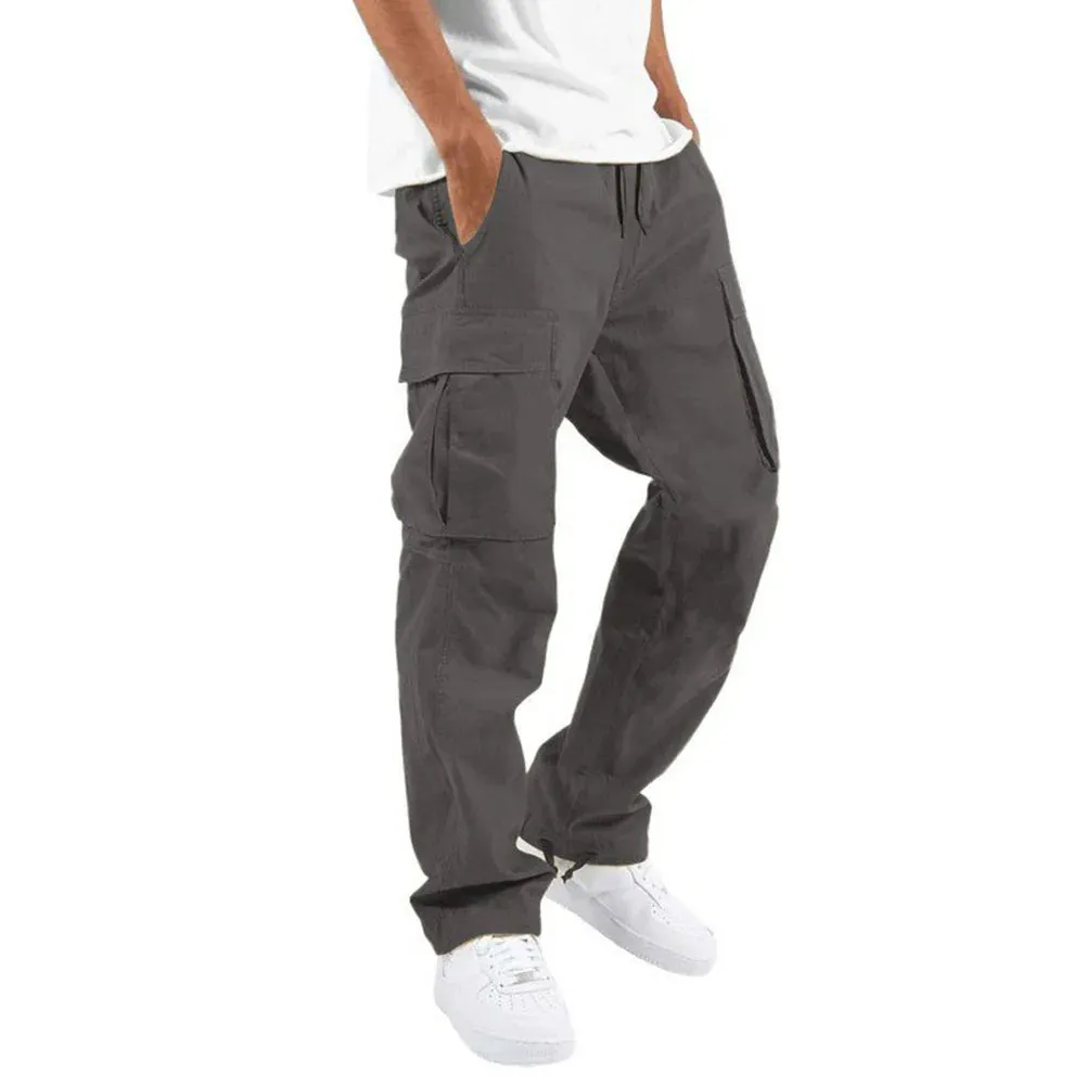 Men's Multi-pocket Cargo Pants – Solid Full-Length Trousers with Drawstring Pockets for Everyday Comfort