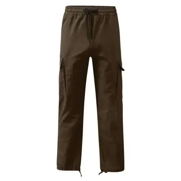 Men's Multi-pocket Cargo Pants – Solid Full-Length Trousers with Drawstring Pockets for Everyday Comfort