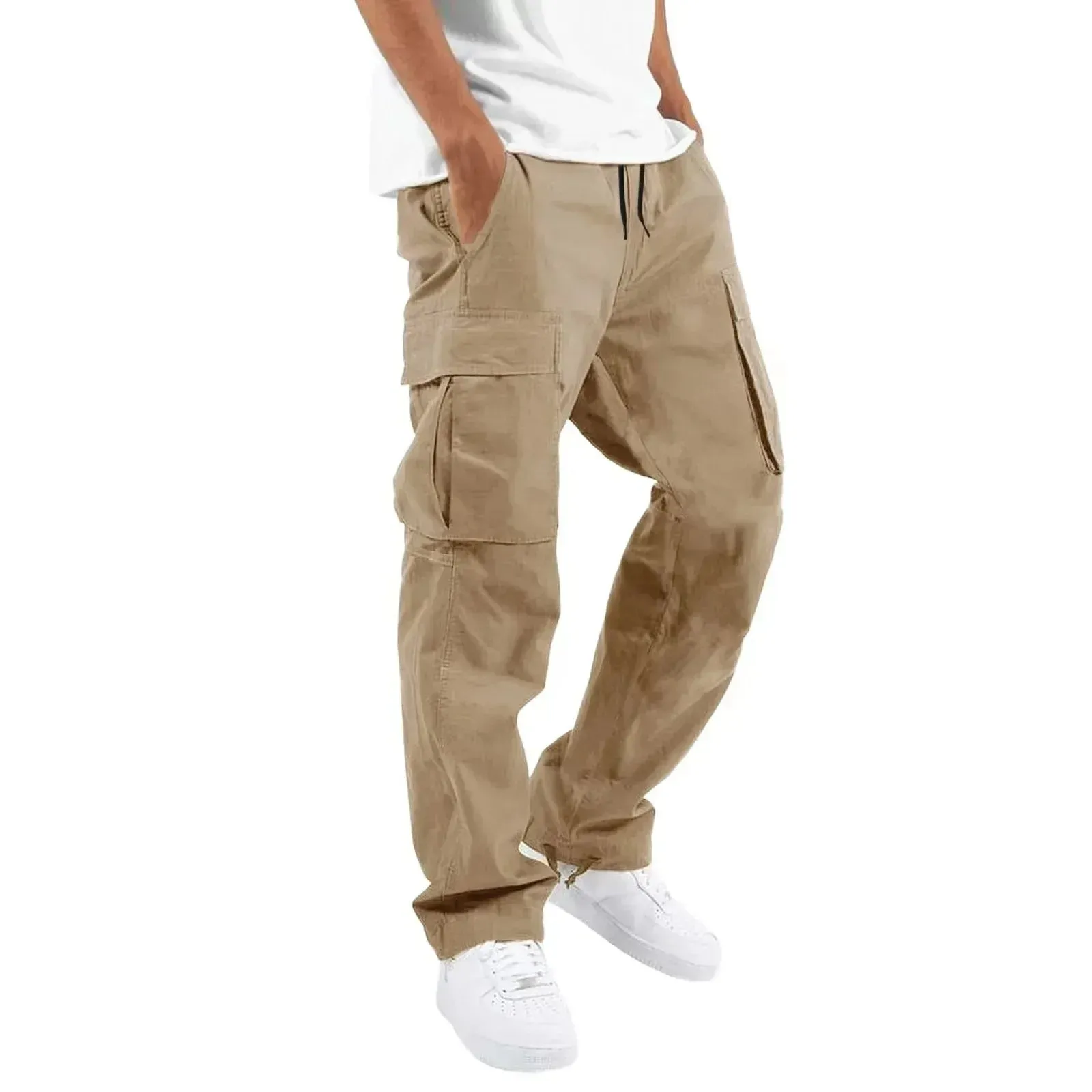 Men's Multi-pocket Cargo Pants – Solid Full-Length Trousers with Drawstring Pockets for Everyday Comfort