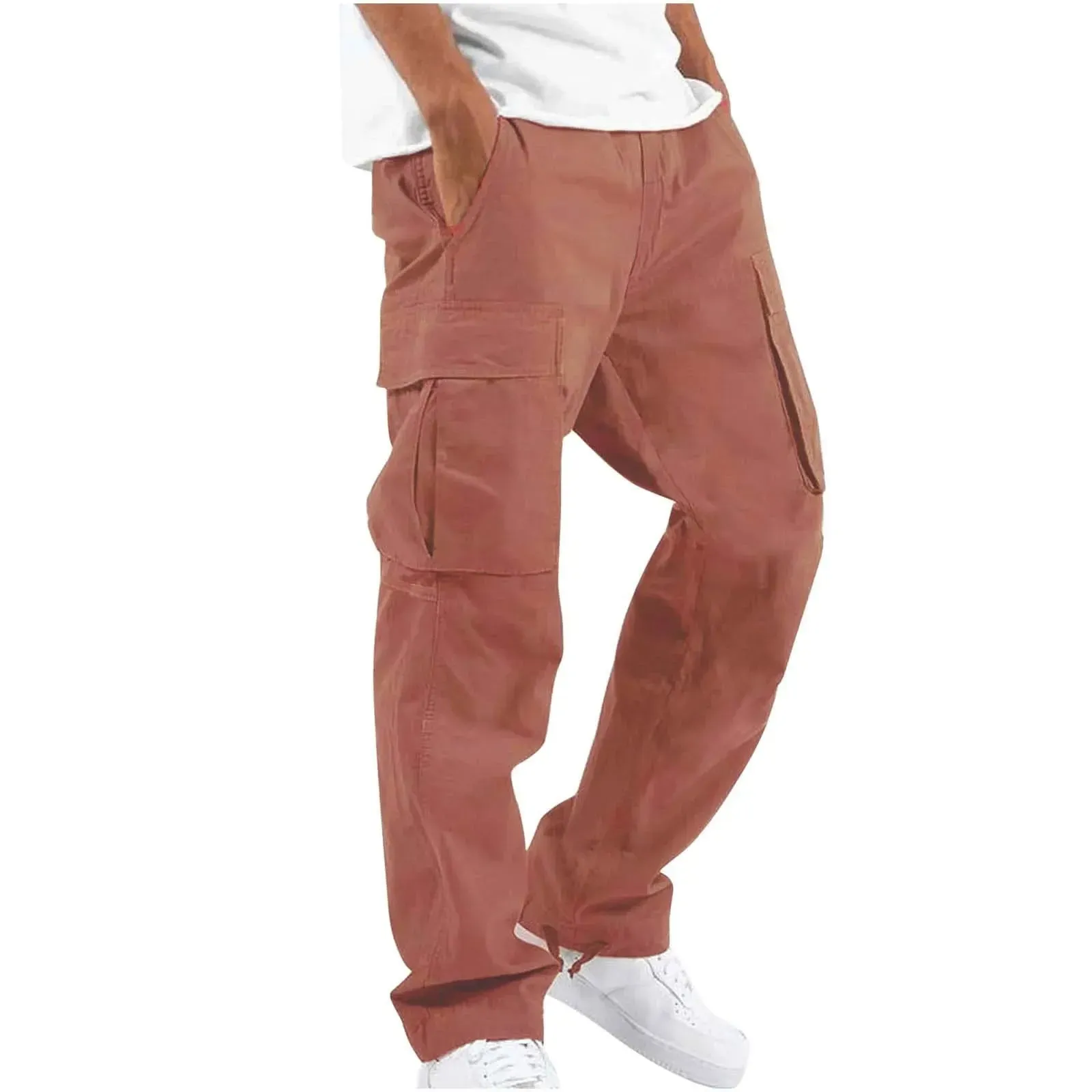 Men's Multi-pocket Cargo Pants – Solid Full-Length Trousers with Drawstring Pockets for Everyday Comfort
