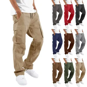 Men's Multi-pocket Cargo Pants – Solid Full-Length Trousers with Drawstring Pockets for Everyday Comfort