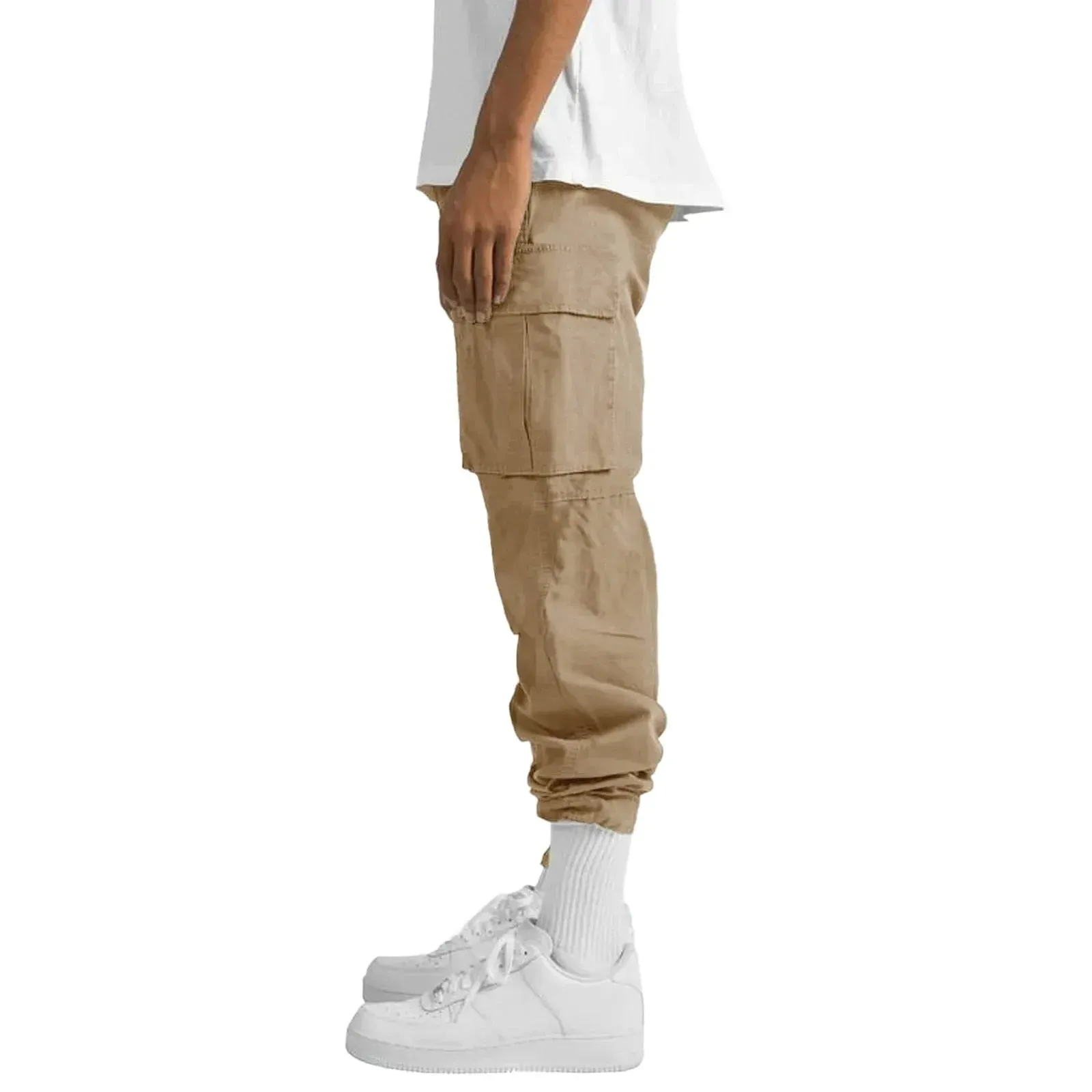 Men's Multi-pocket Cargo Pants – Solid Full-Length Trousers with Drawstring Pockets for Everyday Comfort