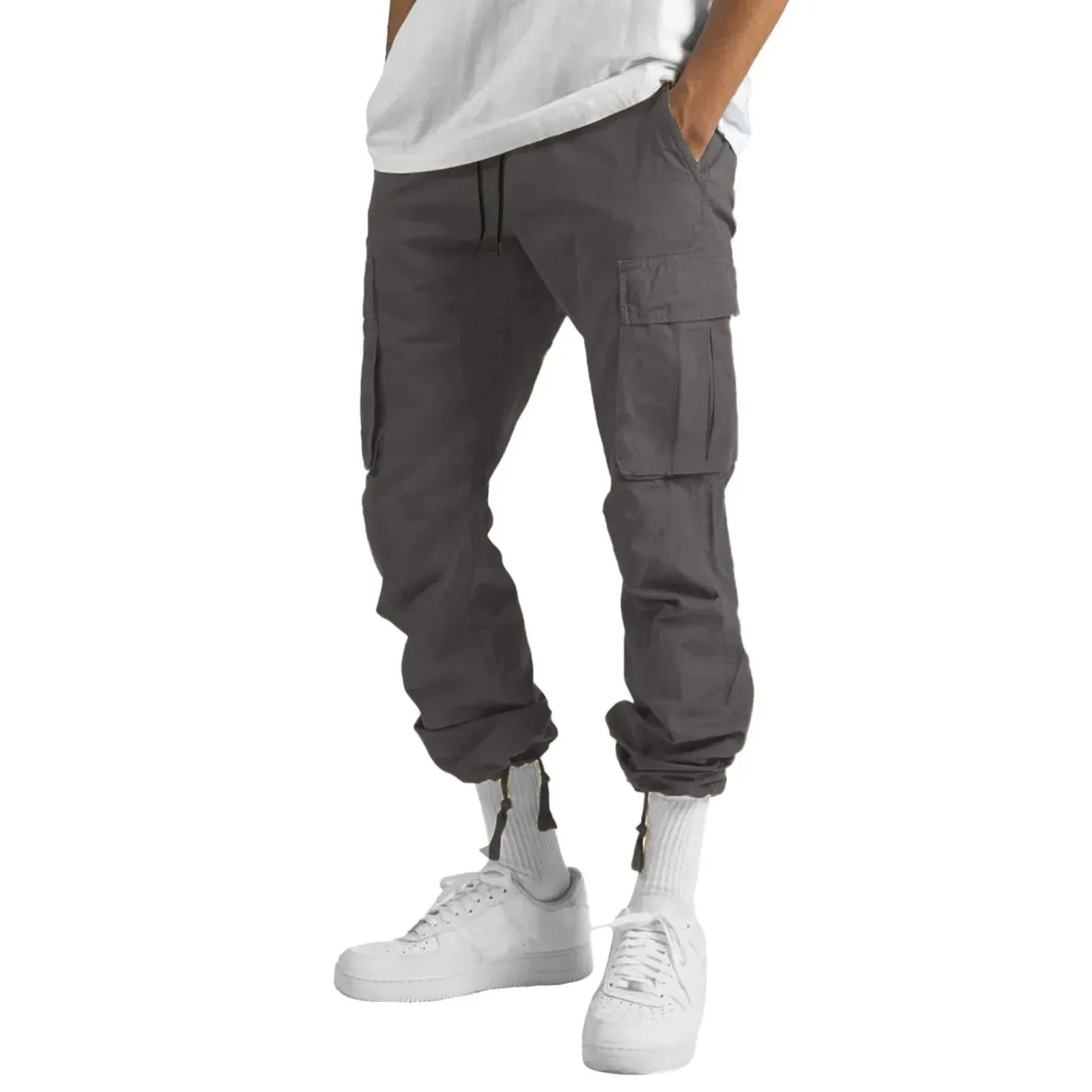 Men's Multi-pocket Cargo Pants – Solid Full-Length Trousers with Drawstring Pockets for Everyday Comfort