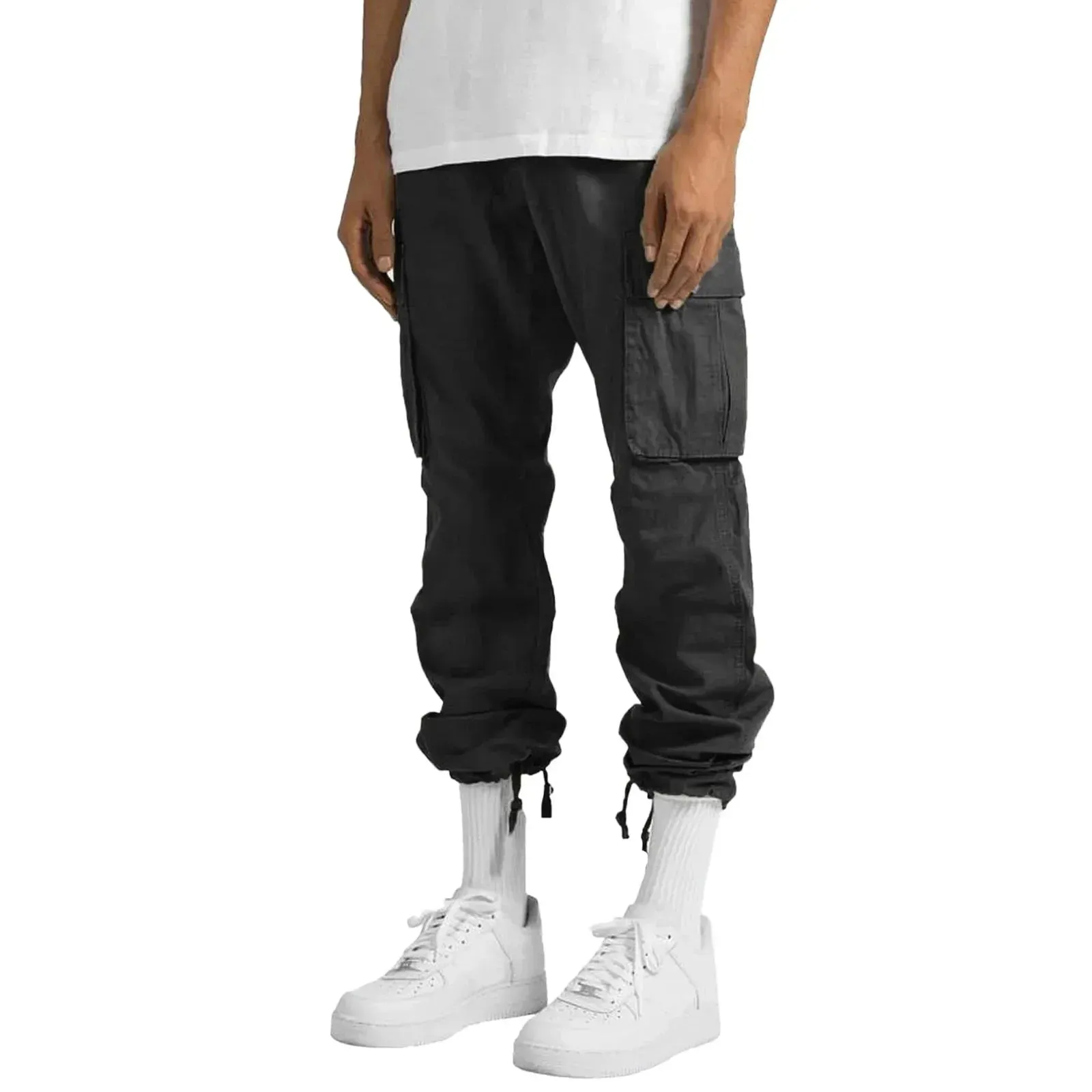 Men's Multi-pocket Cargo Pants – Solid Full-Length Trousers with Drawstring Pockets for Everyday Comfort