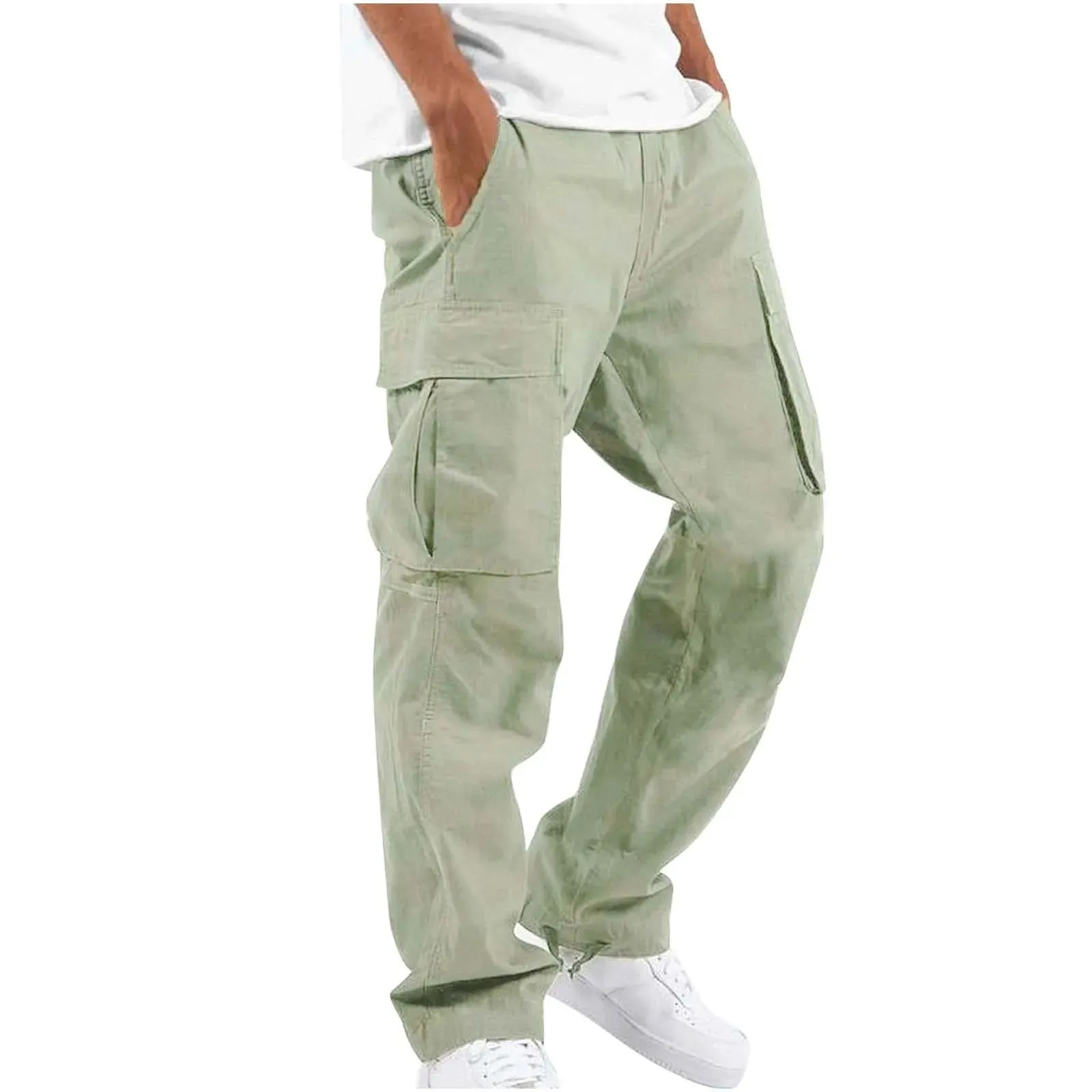Men's Multi-pocket Cargo Pants – Solid Full-Length Trousers with Drawstring Pockets for Everyday Comfort