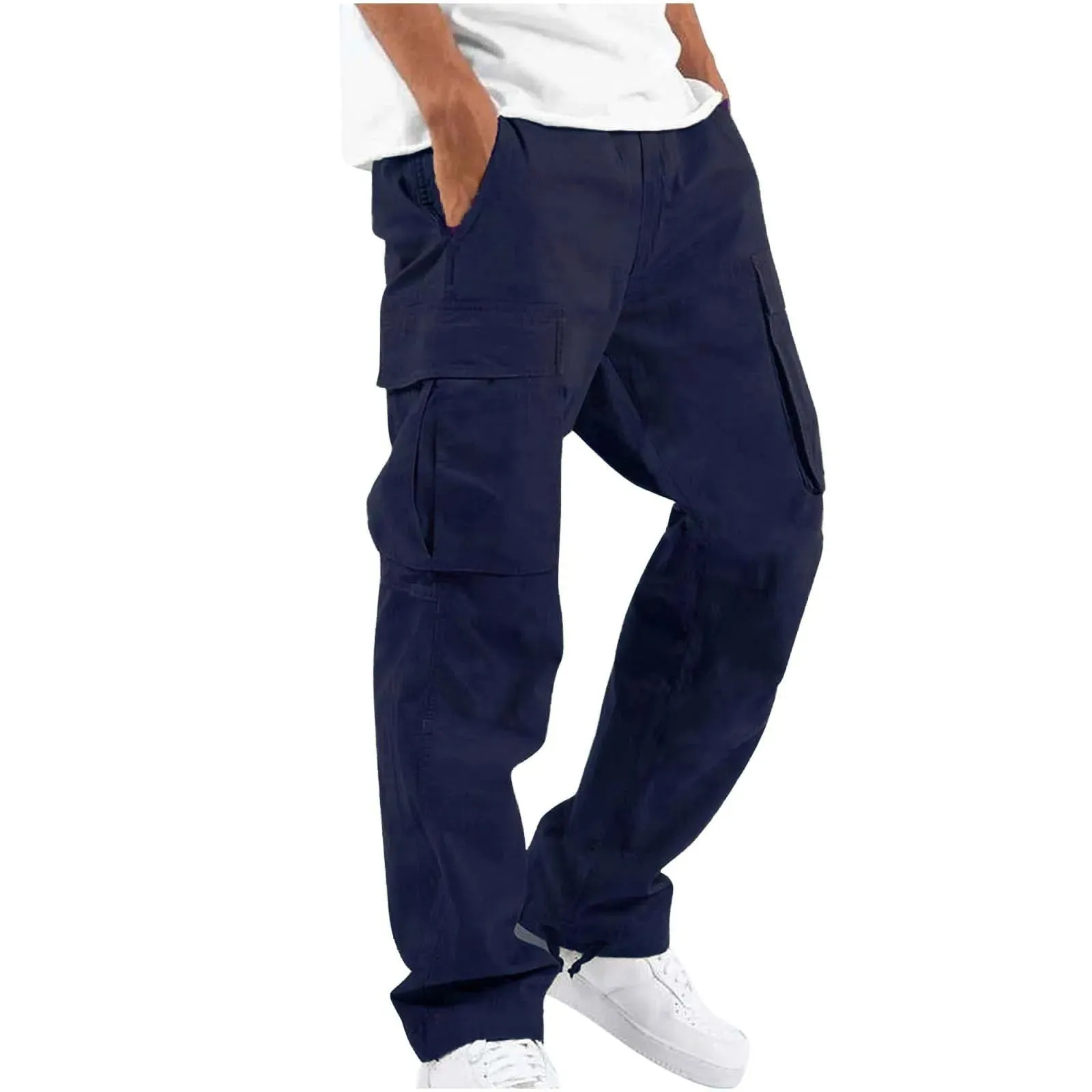 Men's Multi-pocket Cargo Pants – Solid Full-Length Trousers with Drawstring Pockets for Everyday Comfort