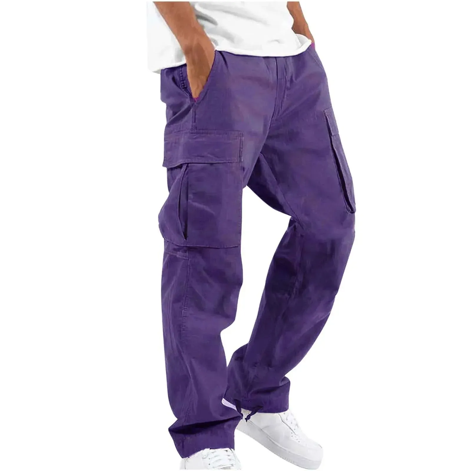 Men's Multi-pocket Cargo Pants – Solid Full-Length Trousers with Drawstring Pockets for Everyday Comfort