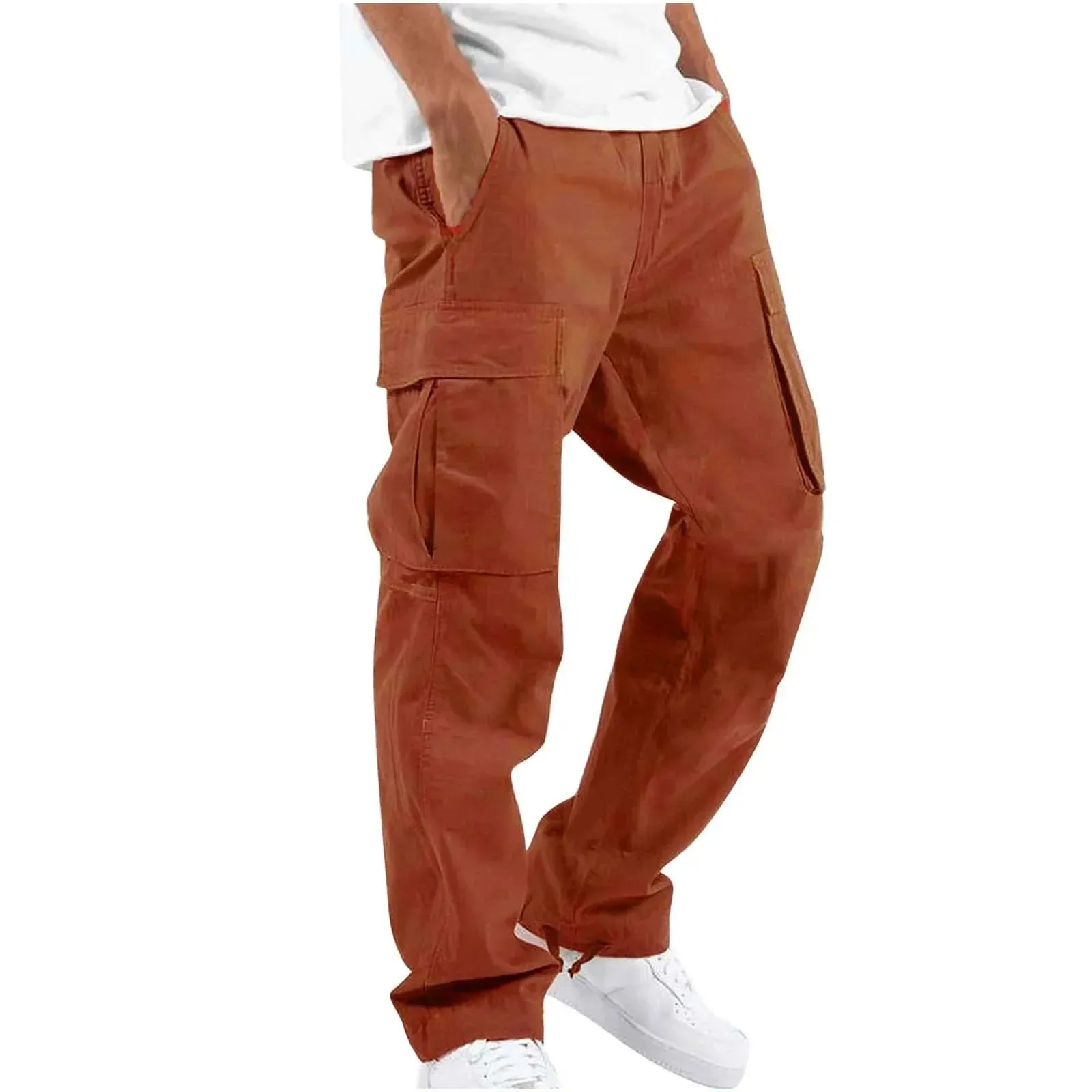 Men's Multi-pocket Cargo Pants – Solid Full-Length Trousers with Drawstring Pockets for Everyday Comfort