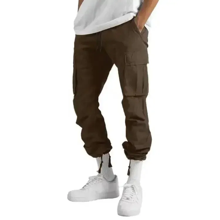 Men's Multi-pocket Cargo Pants – Solid Full-Length Trousers with Drawstring Pockets for Everyday Comfort