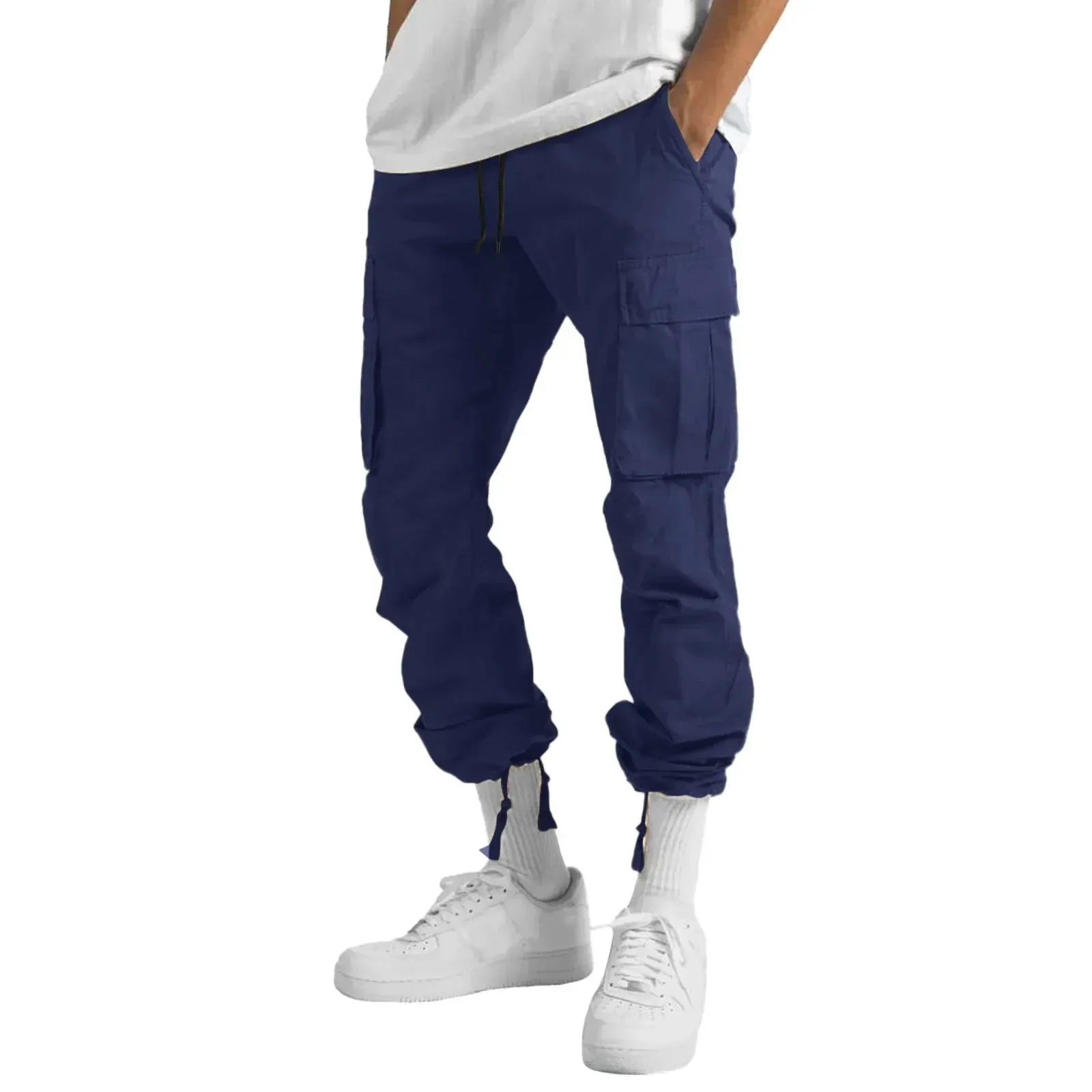 Men's Multi-pocket Cargo Pants – Solid Full-Length Trousers with Drawstring Pockets for Everyday Comfort