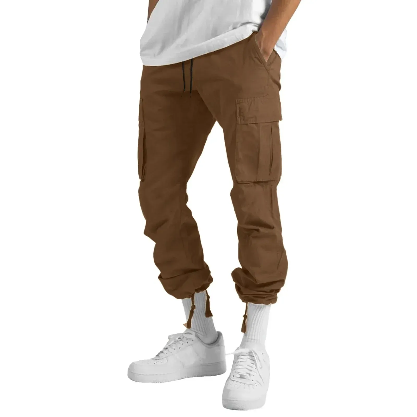 Men's Multi-pocket Cargo Pants – Solid Full-Length Trousers with Drawstring Pockets for Everyday Comfort