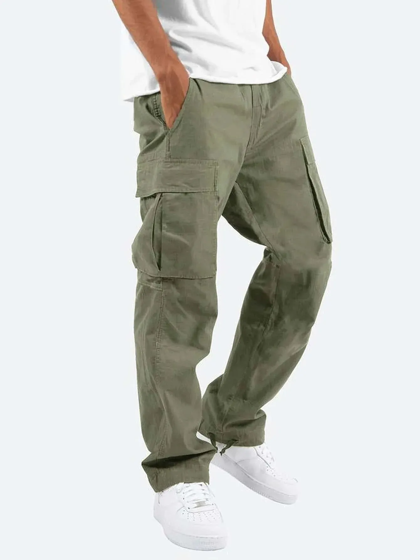 Men's Multi-pocket Cargo Pants – Solid Full-Length Trousers with Drawstring Pockets for Everyday Comfort