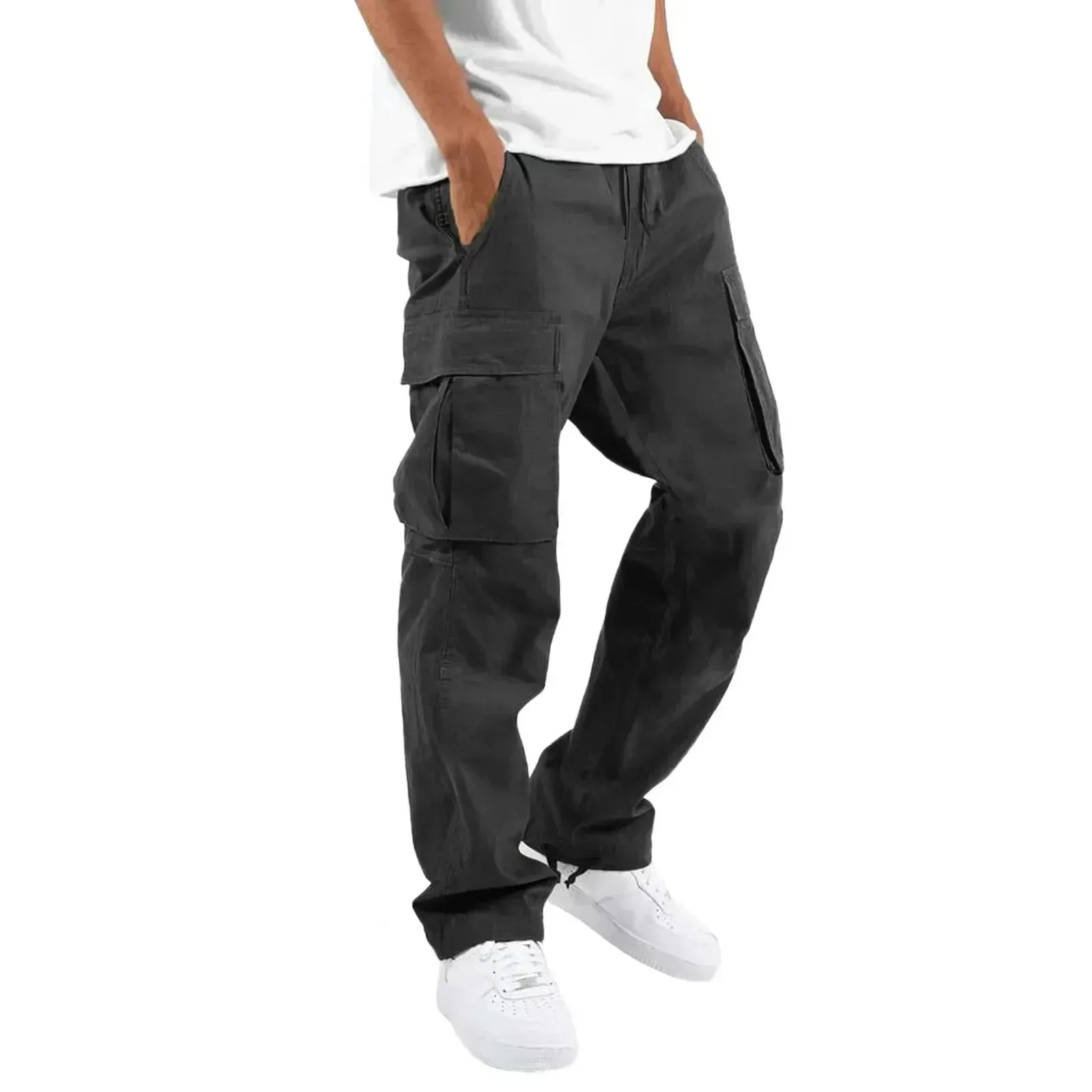 Men's Multi-pocket Cargo Pants – Solid Full-Length Trousers with Drawstring Pockets for Everyday Comfort