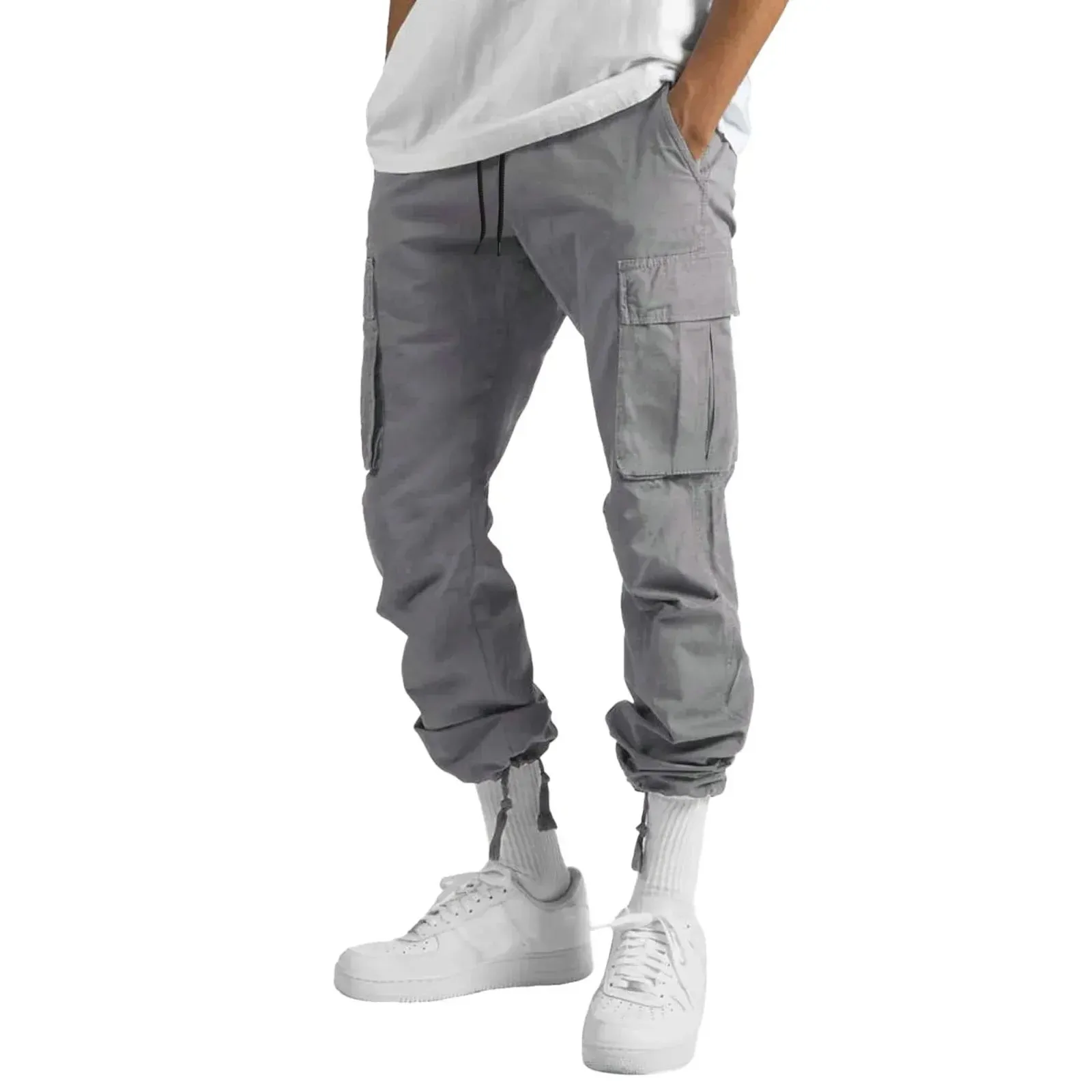 Men's Multi-pocket Cargo Pants – Solid Full-Length Trousers with Drawstring Pockets for Everyday Comfort
