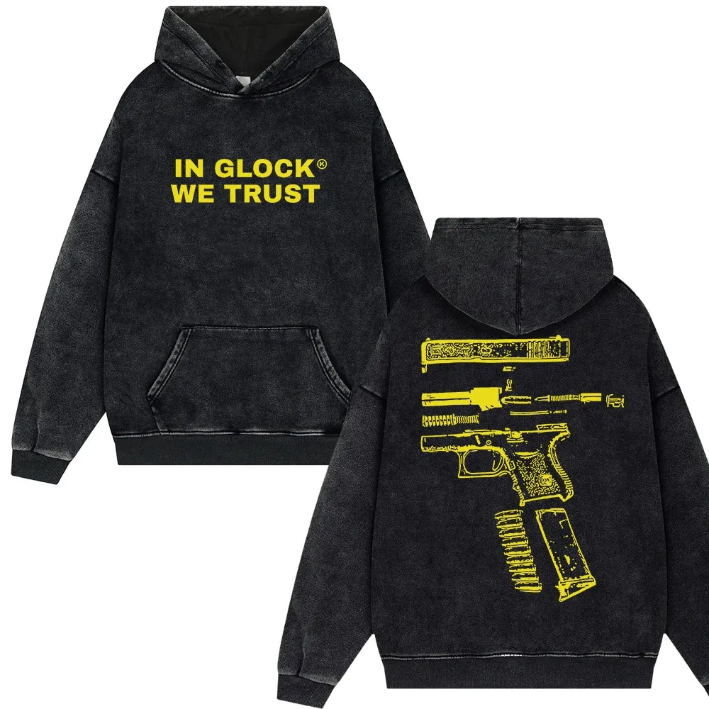 Men's Streetwear "IN GLOCK WE TRUST" Letter Print Vintage Washed Hoodies Men Oversize Y2k