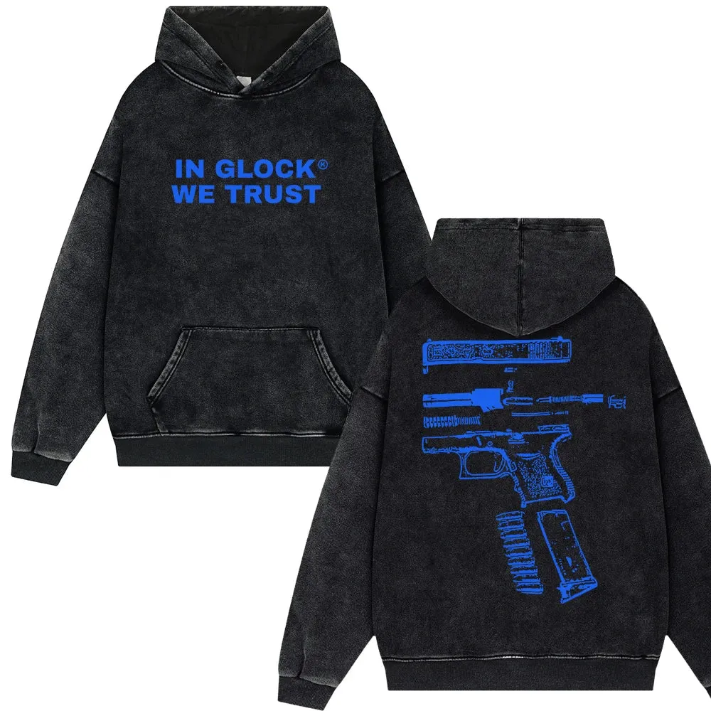 Men's Streetwear "IN GLOCK WE TRUST" Letter Print Vintage Washed Hoodies Men Oversize Y2k