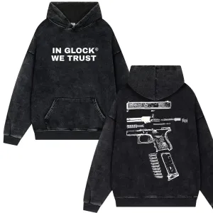 Men's Streetwear "IN GLOCK WE TRUST" Letter Print Vintage Washed Hoodies Men Oversize Y2k