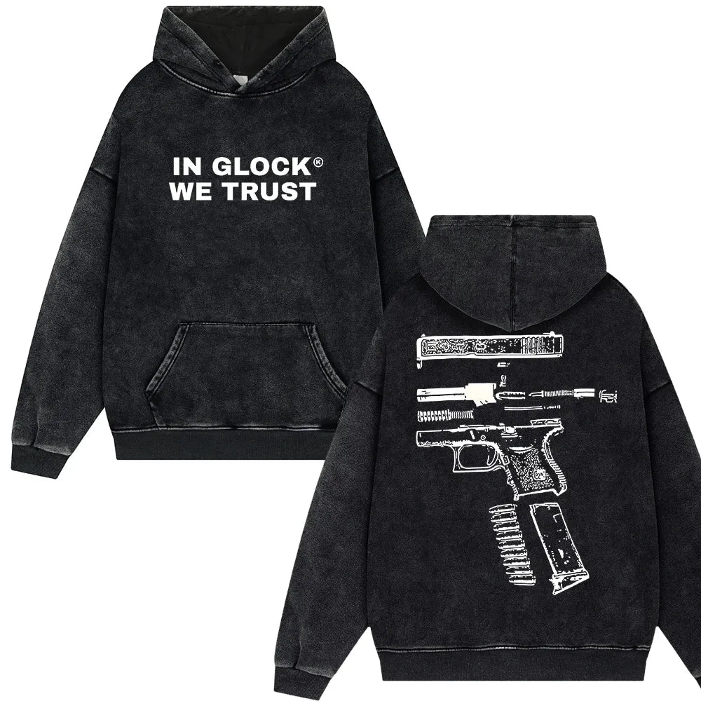 Men's Streetwear "IN GLOCK WE TRUST" Letter Print Vintage Washed Hoodies Men Oversize Y2k