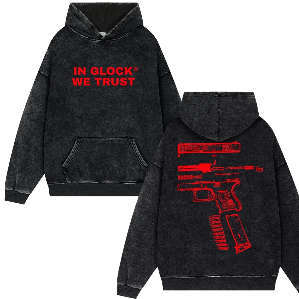 Men's Streetwear "IN GLOCK WE TRUST" Letter Print Vintage Washed Hoodies Men Oversize Y2k