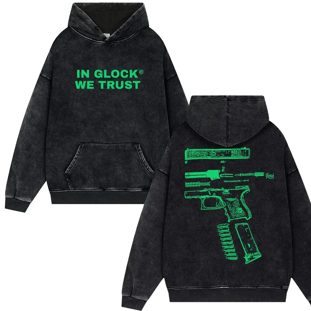 Men's Streetwear "IN GLOCK WE TRUST" Letter Print Vintage Washed Hoodies Men Oversize Y2k