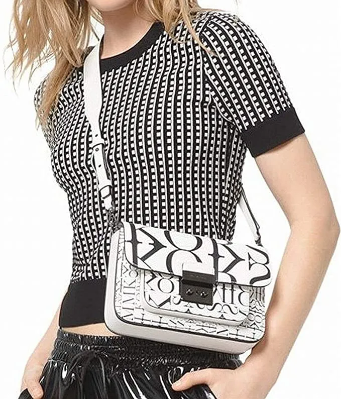 Michael Michael Kors Grid-Print Cropped Sweater Black/Bone XL