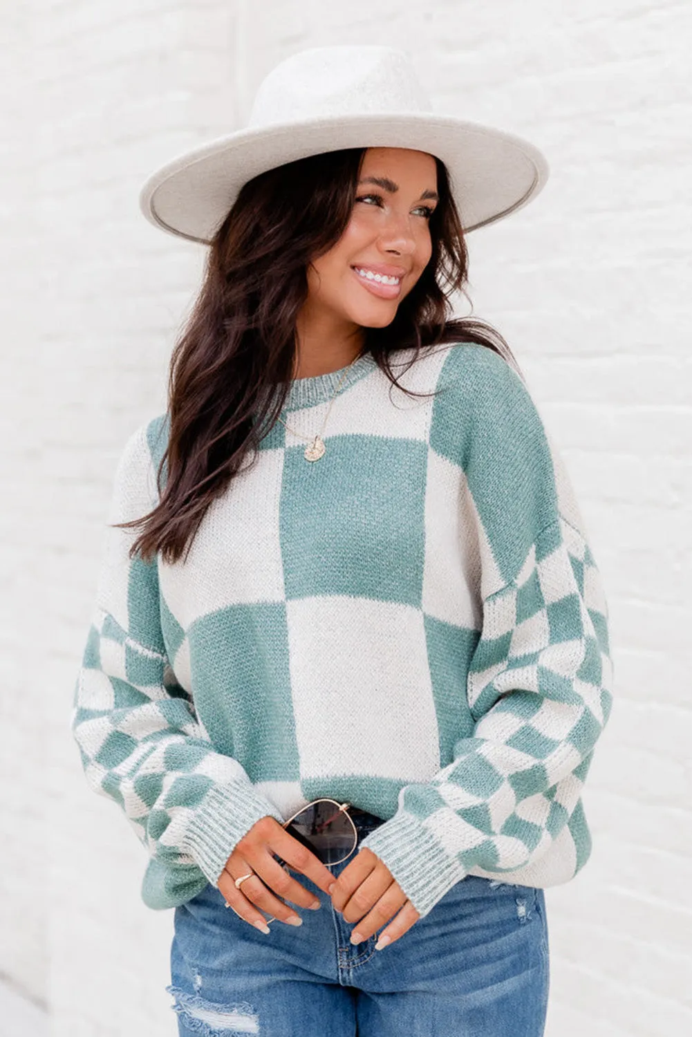 Mint Green Plaid Knitted Round Neck Drop Shoulder Sweatshirt
