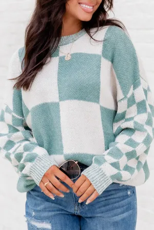 Mint Green Plaid Knitted Round Neck Drop Shoulder Sweatshirt