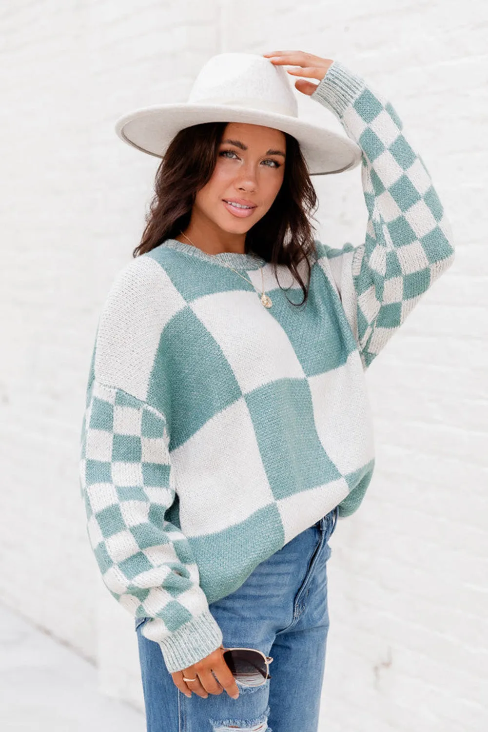 Mint Green Plaid Knitted Round Neck Drop Shoulder Sweatshirt