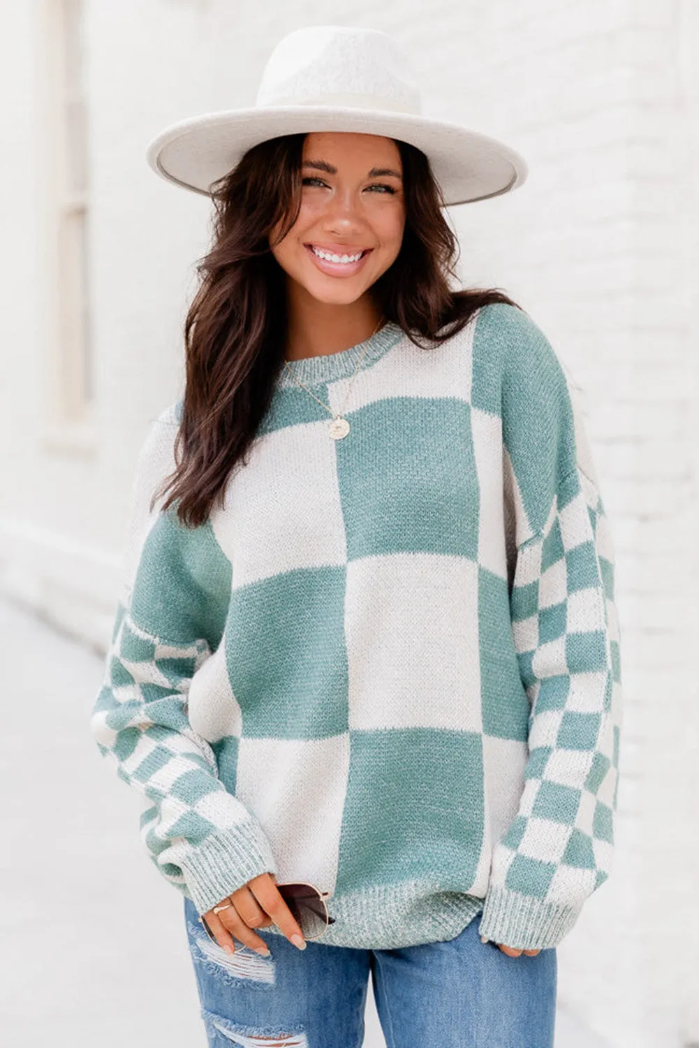 Mint Green Plaid Knitted Round Neck Drop Shoulder Sweatshirt