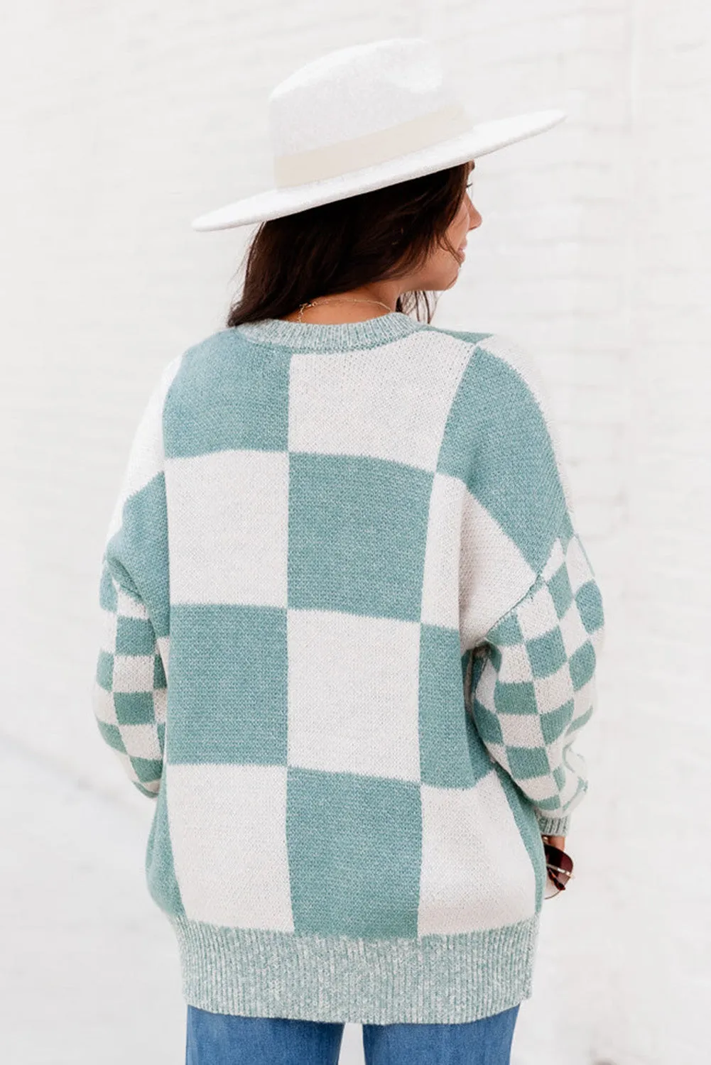 Mint Green Plaid Knitted Round Neck Drop Shoulder Sweatshirt
