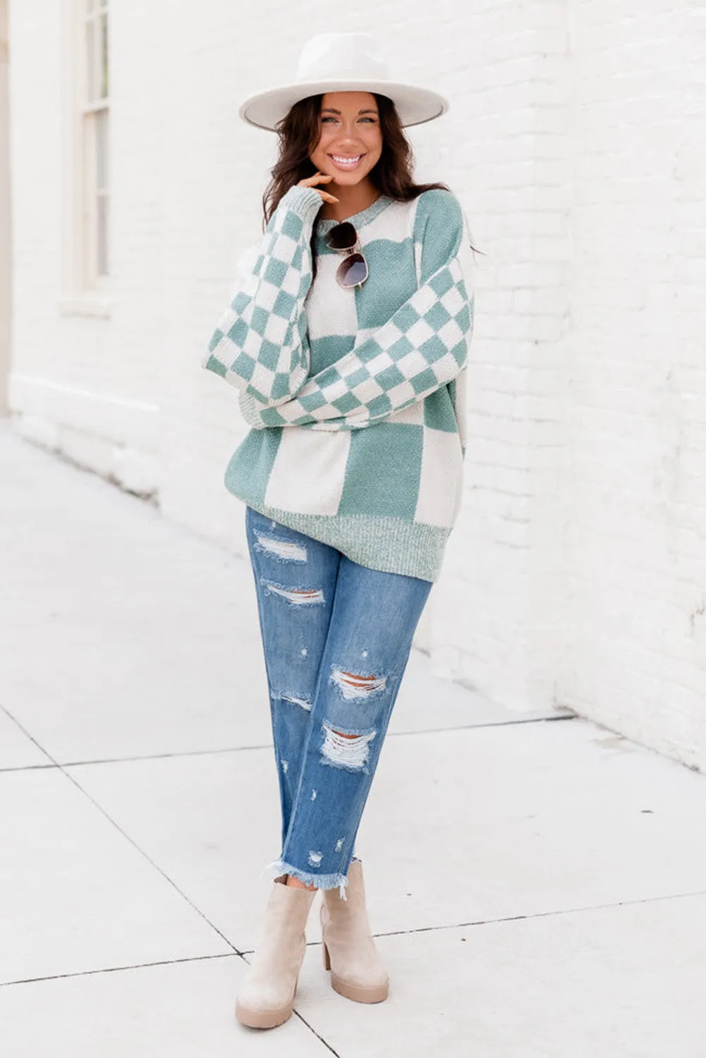 Mint Green Plaid Knitted Round Neck Drop Shoulder Sweatshirt