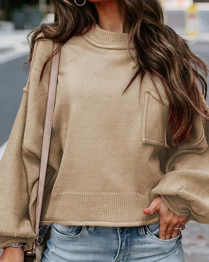 Mock Neck Lantern Sleeve Knit Sweater