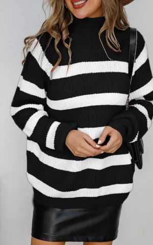 Mock Neck Long Sleeve Striped Knit Sweater