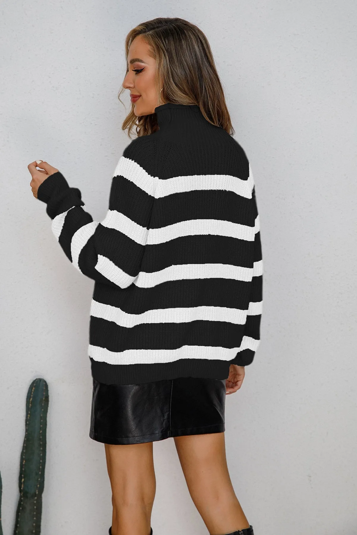 Mock Neck Long Sleeve Striped Knit Sweater