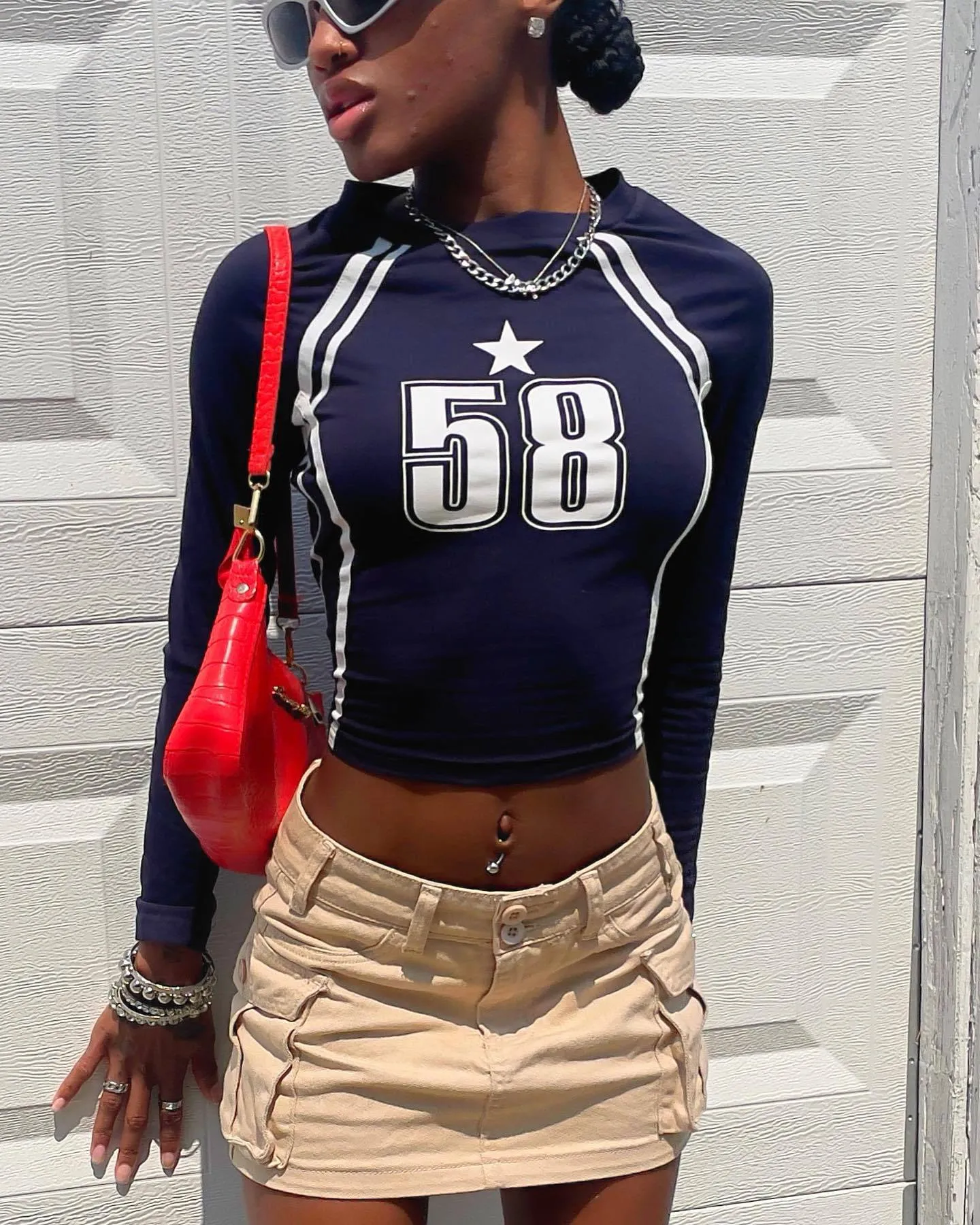 Modern Americana Contrast Color Letter Print Long Sleeve Crop Top
