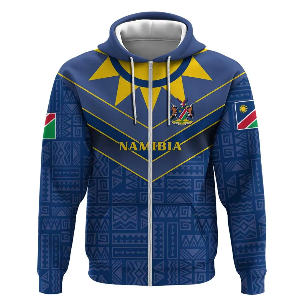 Namibia Yellow Sun Zip Hoodie Sporty Style with Traditional Patterns TS04