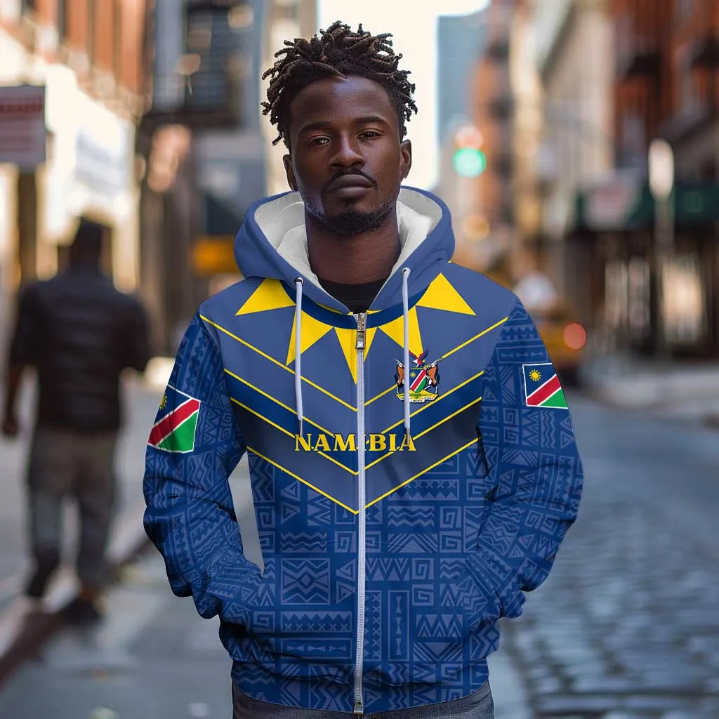 Namibia Yellow Sun Zip Hoodie Sporty Style with Traditional Patterns TS04