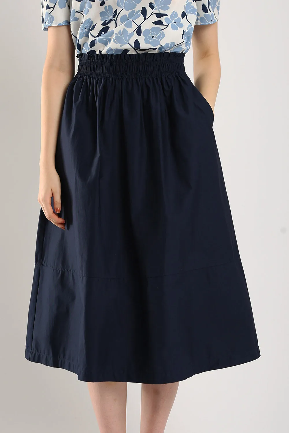 Naura Cotton Elasticized Waistband A-Line Skirts in Navy Blue