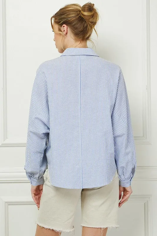Navy Stripped Long-Sleeved Button Shirt