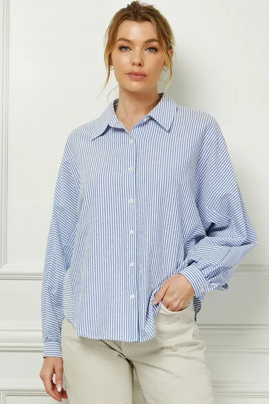Navy Stripped Long-Sleeved Button Shirt
