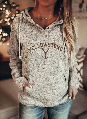 New Womens Long Sleeve Casual Pullover Drawstring Hoodie with Pocket Yellowstone Graphic Beige Letter Print  Sz XL!