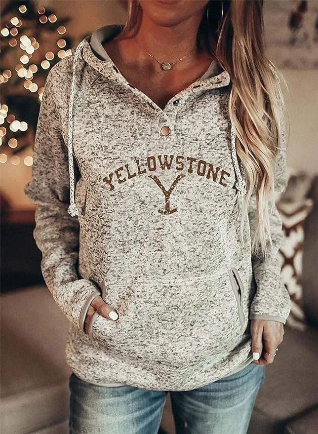 New Womens Long Sleeve Casual Pullover Drawstring Hoodie with Pocket Yellowstone Graphic Beige Letter Print  Sz XL!