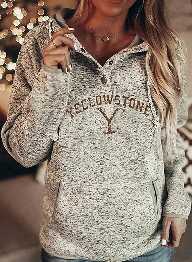New Womens Long Sleeve Casual Pullover Drawstring Hoodie with Pocket Yellowstone Graphic Beige Letter Print  Sz XL!