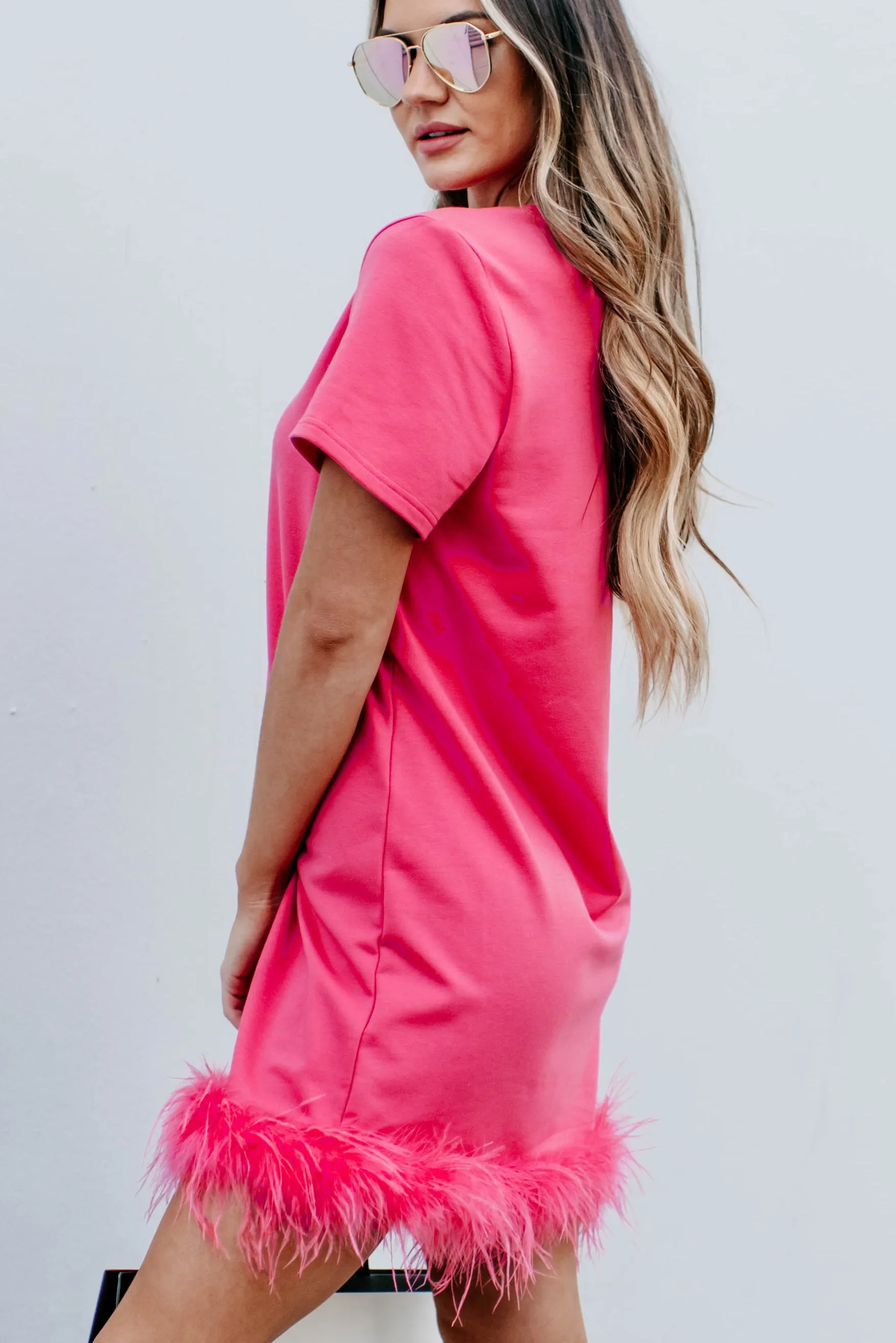 No Ruffled Feathers Feather Trim T-Shirt Dress (Fuchsia)