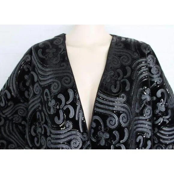 NWT Chico's L XL Black Velvet Embellished Short Kimono Jacket Ruana