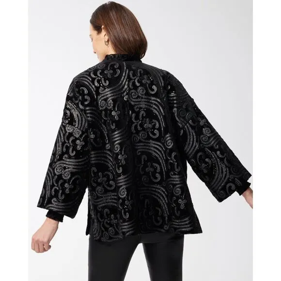 NWT Chico's L XL Black Velvet Embellished Short Kimono Jacket Ruana