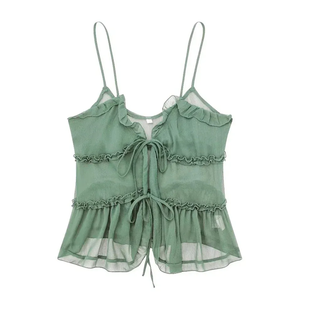 Obsidian Phoenix Ruffled Front Tie Tank Top - Semi-Sheer, Backless with Thin Straps, Sexy Women’s Camisole