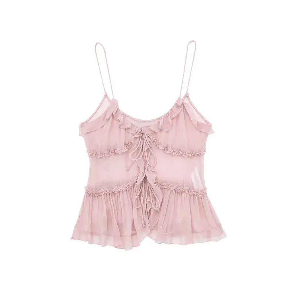 Obsidian Phoenix Ruffled Front Tie Tank Top - Semi-Sheer, Backless with Thin Straps, Sexy Women’s Camisole